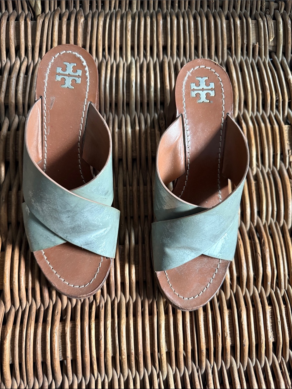 Tory Burch Silver Leather Crisscross Slide Mules